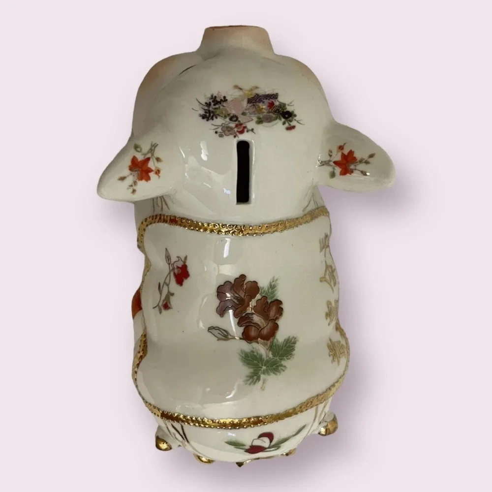 Chinese Floral Ceramic Piggy Bank Home Decor Small White Gold